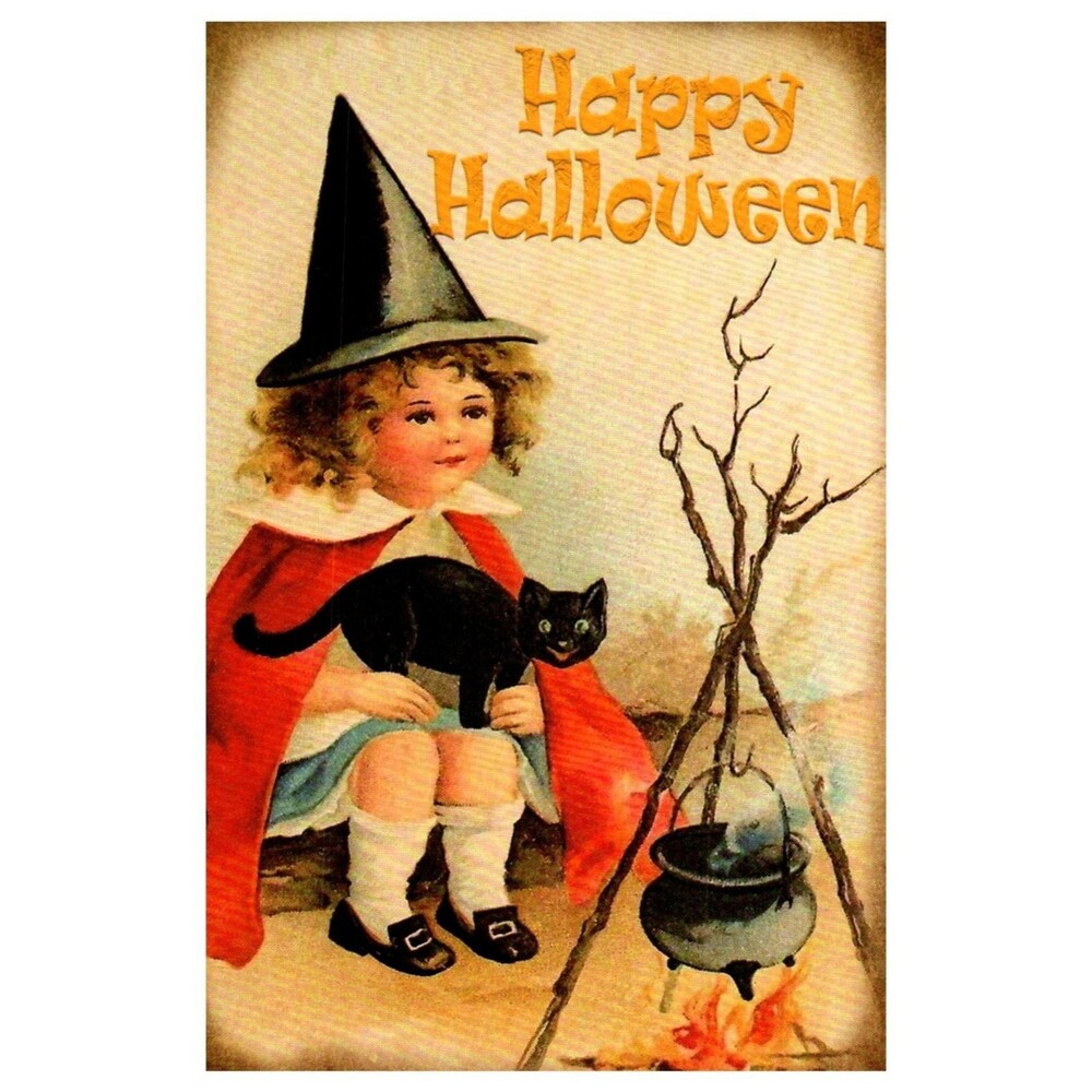 Vintage Style Happy Halloween Witch Girl Black Cat Cauldron Postcard